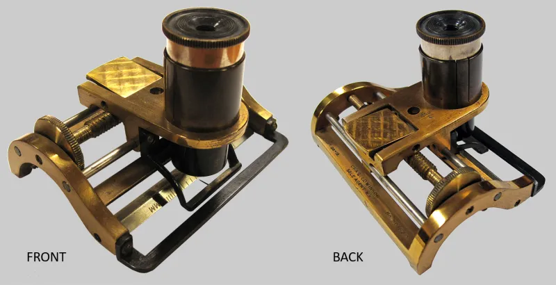 Front and back of a fabric tester- also called a linen tester, pick counter, thread counter, or micrometer