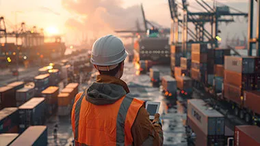 Man in front of large number of shipping containers