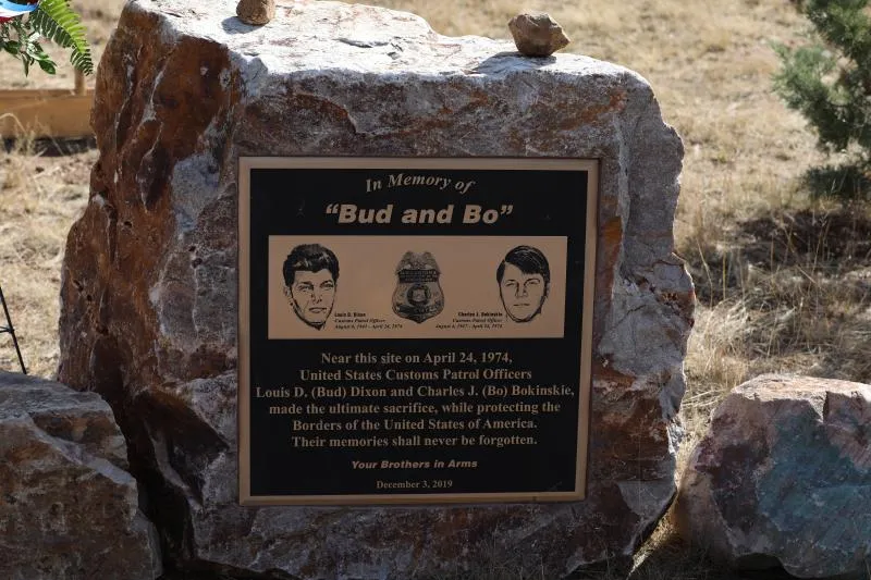 A memorial plaque was placed in the desert south of Sonoita, Arizona to honor fallen Customs officers Louis Davis Dixon and Charles Bokinskie Dec. 3, 2019. The men gave their lives in the line of duty April 24, 1974.