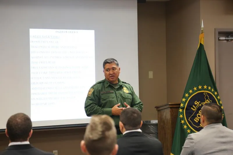 Del Rio Sector Chief Raul Ortiz addresses a new class of trainees headed to the Border Patrol Academy.