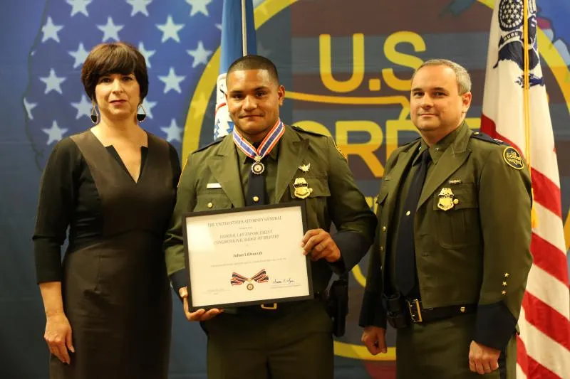 Border Patrol Agent Julian T. LiDrazzah receives the Law Enforcement Congressional Badge of Bravery, during a ceremony at the Del Rio Border Patrol Sector Headquarters.
