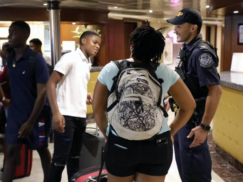 CBP officers process Bahamas evacuees from the C/S Grand Celebration in Palm Beach, Fla., September 7, 2019.