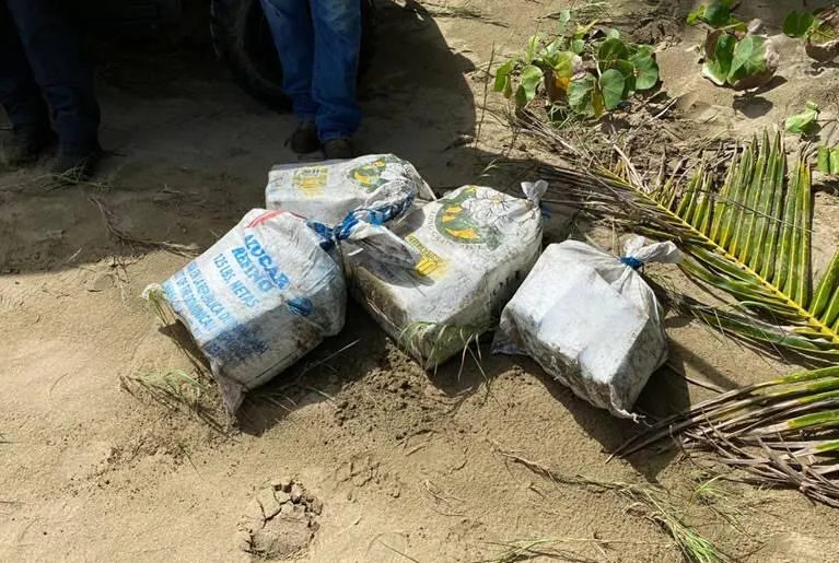 Bales of suspected narcotics as they were found on the beach.