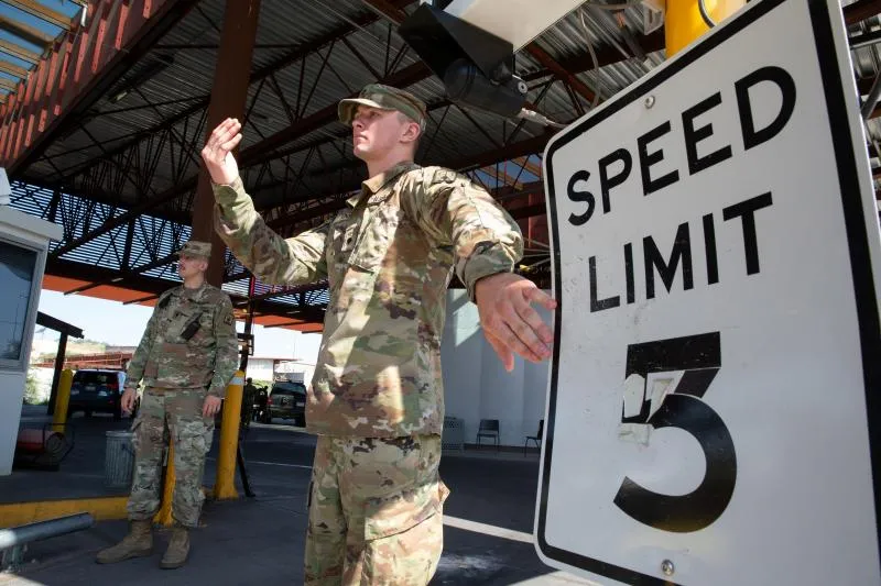 National Guard personnel assist with secondary traffic control at the Mariposa Crossing at the Nogales Port of Entry