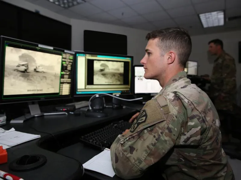 Specialist Ryan Henkel, Arizona National Guard, performs camera room duties at U.S. Border Patrol’s Tucson Station in the Tucson, Arizona sector under Operation Guardian Support, May 8. CBP Photo