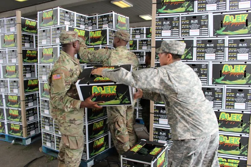 National Guard Soldiers at the Pharr Cargo Facility assist on the cargo dock by unloading a shipment of hot peppers