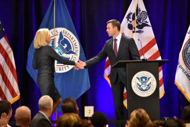 Commissioner Kevin McAleenan, right, welcomes DHS Secretary Kirstjen Nielsen to the stage at CBP’s 2018 Trade Symposium in Atlanta on August 14.  Secretary Nielsen delivered the keynote luncheon address.