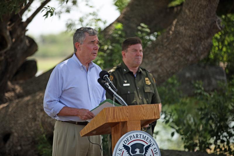 CBP Commisisoner R. Gil Kerlikowske discussing the dangers and misinformation associated with the current influx of children attempting to enter the U.S. during a news conference on the banks of the Rio Grande River in Texas.