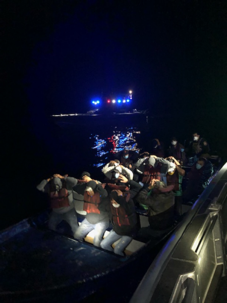 U.S. Customs and Border Protection Air and Marine agents stopped a boat off the coast of San Diego early Thursday morning with 18 people on board trying to illegally enter the U.S.