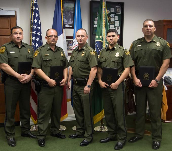 (Left to Right): Deputy Chief Marcos Garcia, Deputy Patrol Agent in Charge Thomas A. Kuhns, Chief Patrol Agent Robert L. Harris, Special Operations Supervisor Lonnie Rodriguez, Special Operations Supervisor Thomas Diaz-De Leon.