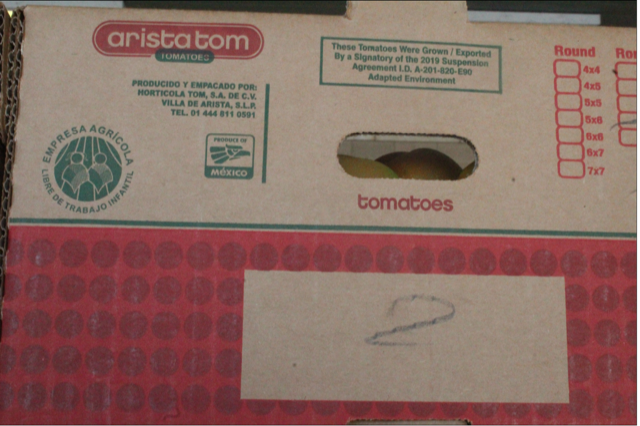 A crate of tomatoes from Horticola Tom, S.A. de C.V. one of the companies subject to a recent Withhold Release Order, discovered by CBP officers, agriculture specialists at Pharr International Bridge