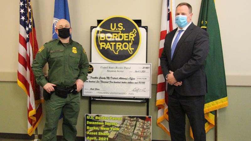U.S. Border Patrol Swanton Sector presented both New York State Police and the Franklin County, N.Y., District Attorney’s Office disbursement checks for $106,512.80 on April 22, 2021, from asset forfeiture following a bulk currency seizure on March 23, 2020.