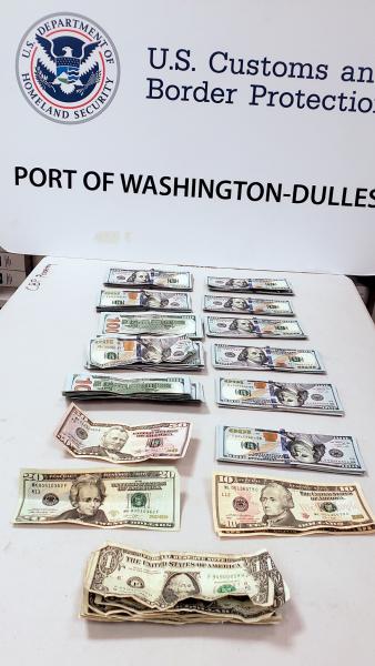 Customs and Border Protection officers seized $11,097 in unreported currency from a traveler who arrived from South Korea at Washington Dulles International Airport February 9, 2020.