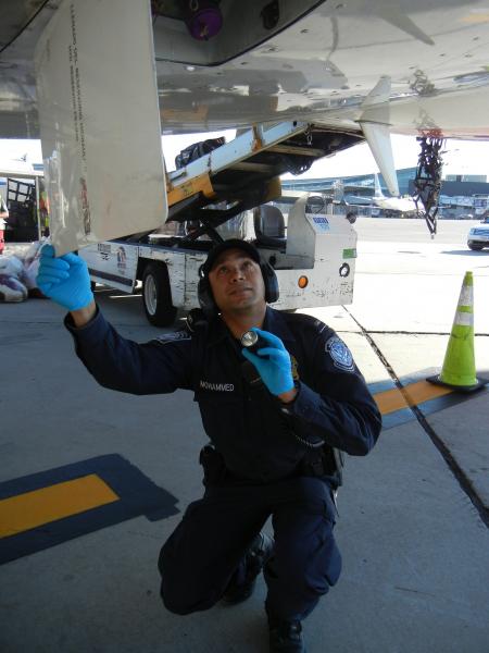 CBP Officer Shazard Mohammed checks a compartment beneath the belly of an aircraft.