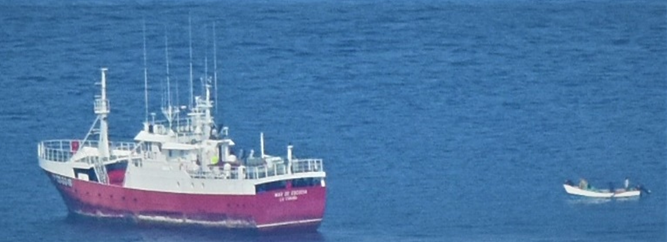 Photograph of a stranded fishing vessel rescued by a CBP Air and Marine Operations P-3 aircraft off the coast of Ecuador.