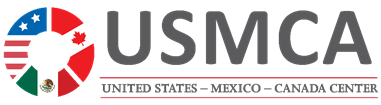 USMCA logo, United States, Mexico, Canada Center with the three county's flags arranged in a circle on the left